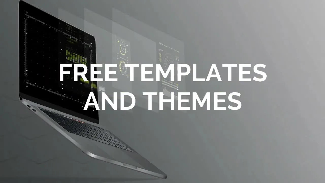 Title card with text 'FREE TEMPLATES AND THEMES' over an image of a laptop with code on the screen.
