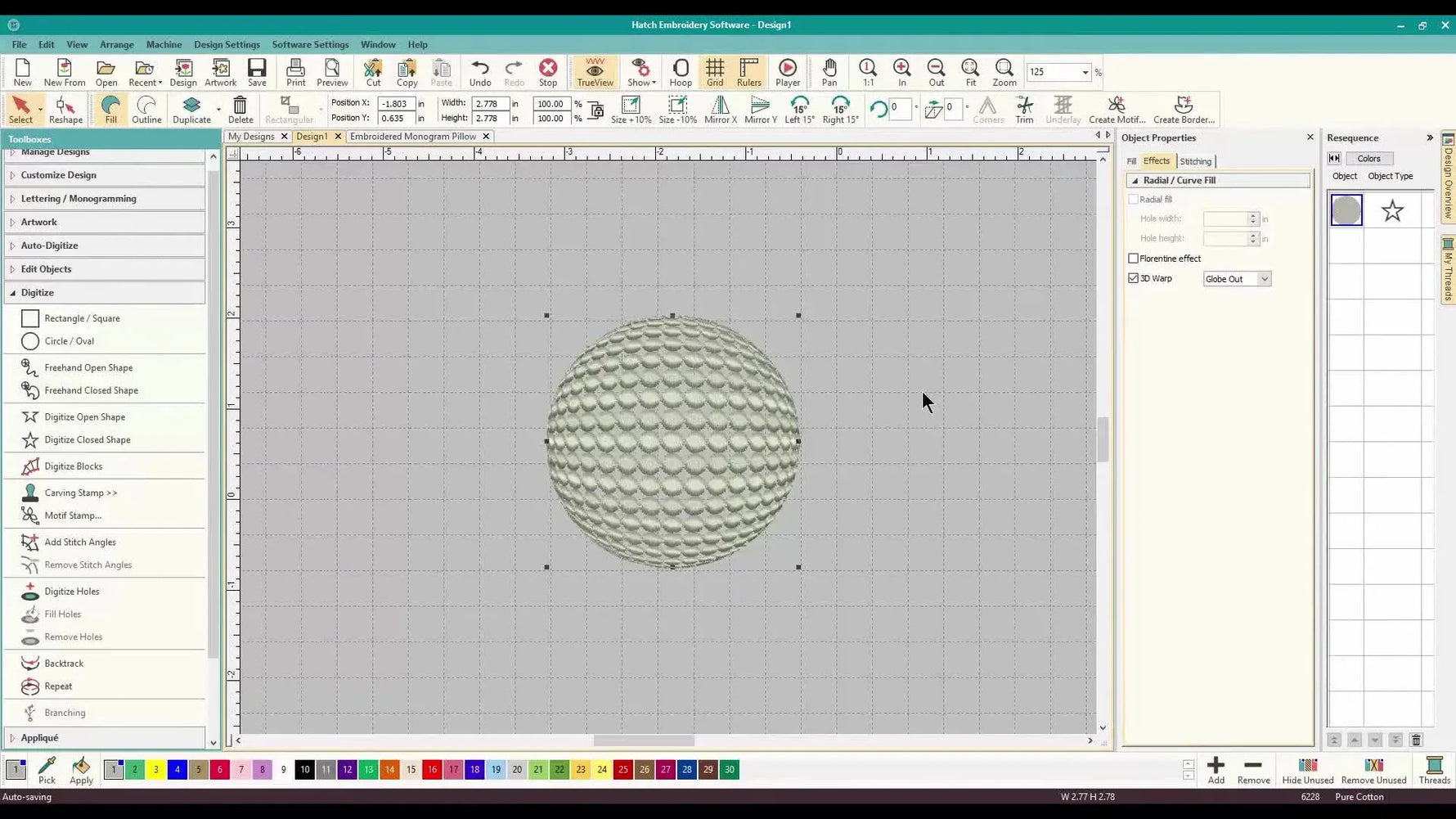 A motif-filled circle in Wilcom Hatch is warped into a convincing 3D sphere illusion on the grid.
