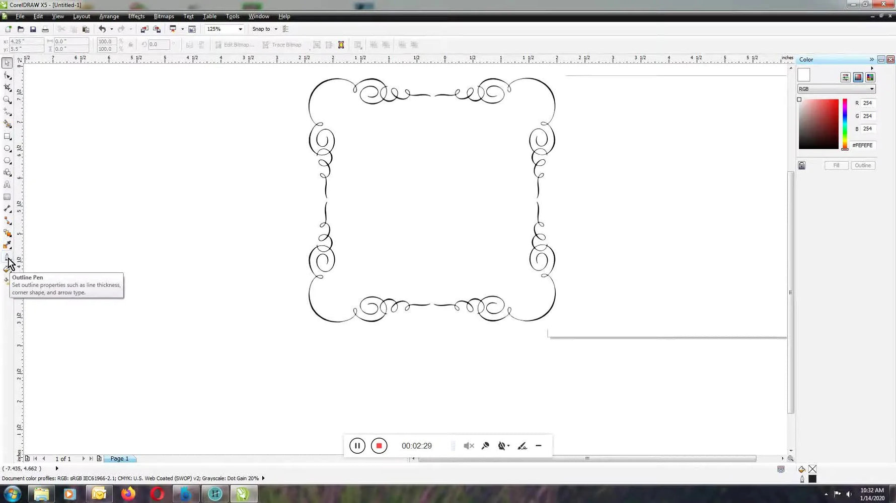 CorelDraw X5’s Outline Pen dialog is open while a delicate Dover frame is being thickened to a satin-friendly stroke width.