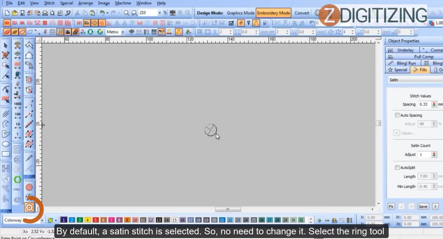 A screen capture shows the Ring Tool being dragged to define a satin ring with pink guide lines on the Wilcom design grid.