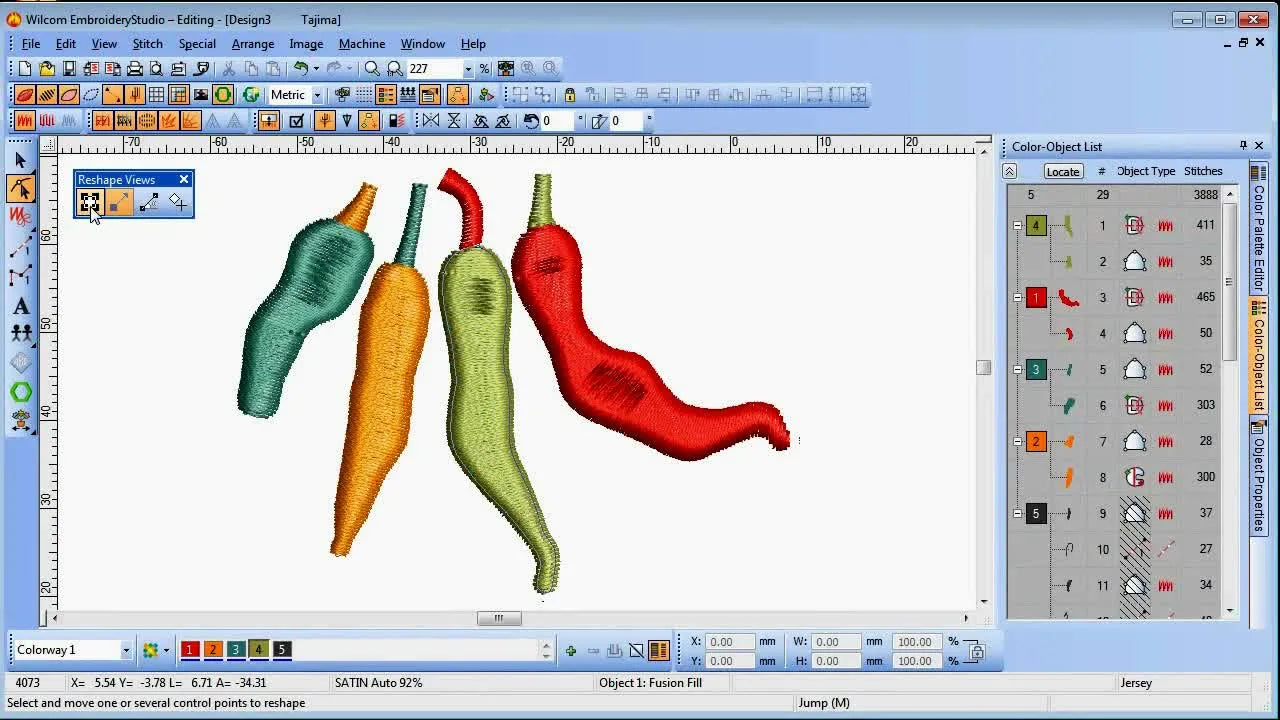 A screen capture shows the text “CUATRO HERMANOS” arched neatly over the design using baseline reshape controls in Wilcom EmbroideryStudio e2.