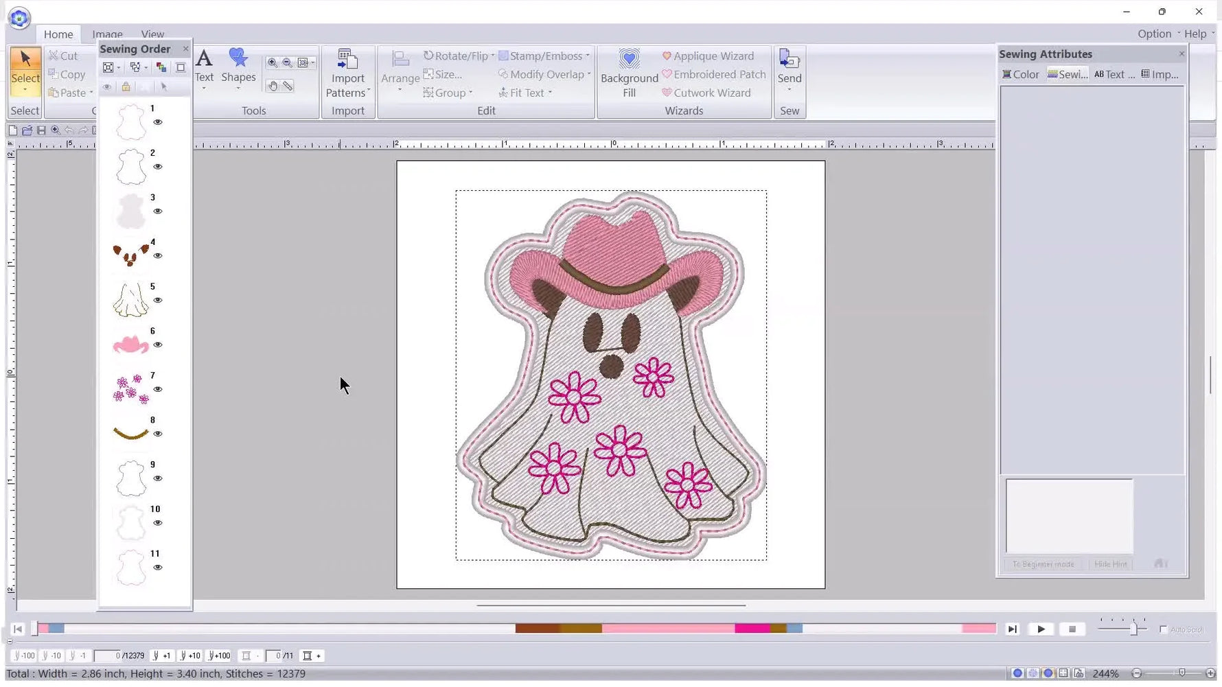 Baby Lock Palette v11 shows the Cowgirl Ghost design fully loaded with the sewing order visible for an ITH patch or magnet build.