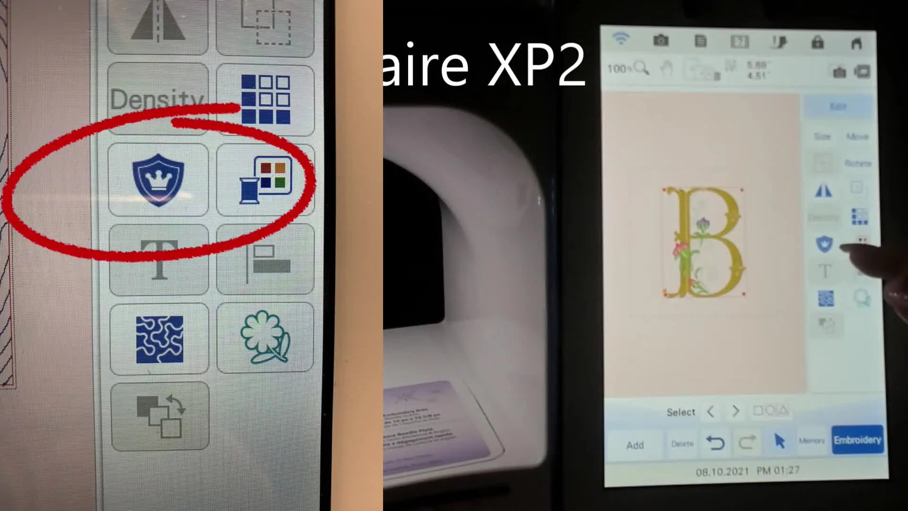 Close-up of the Brother Luminaire XP2 Edit menu with the Appliqué (shield) icon highlighted on the touchscreen.