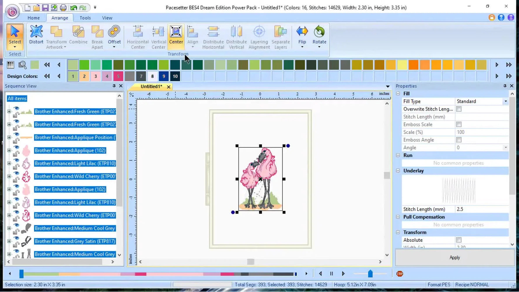 A BES 4 workspace showing a flamingo design perfectly centered inside a 5x7 hoop field, ready for lettering.