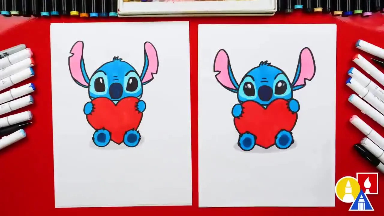 Finished drawings of Stitch holding a heart.