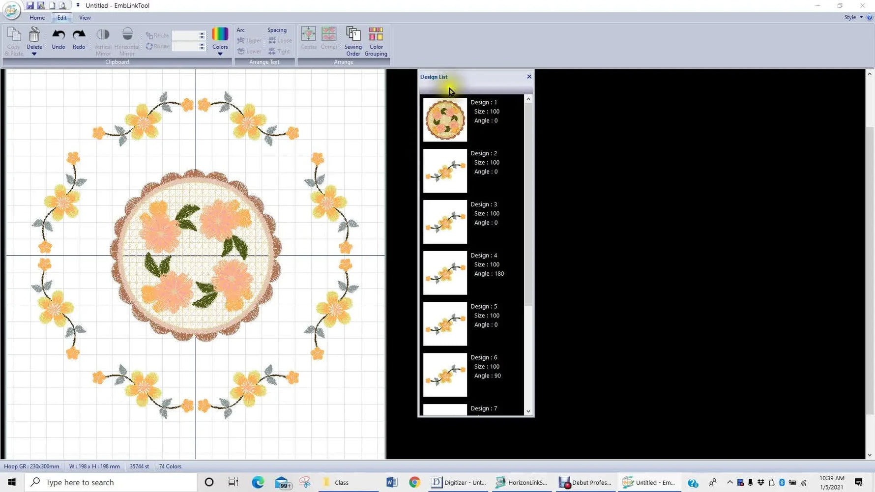 A close-up of Horizon Link Suite’s design list showing multiple separate elements inside a floral wreath layout.