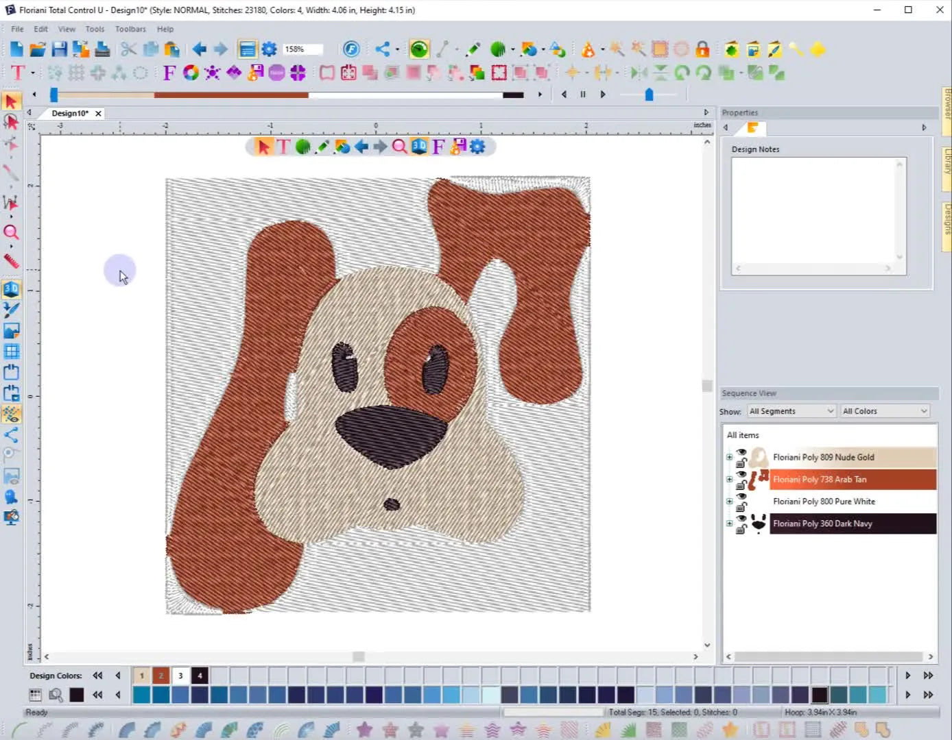 The fully auto-digitized dog design appears on the FTC-U workspace canvas right after the wizard finishes generating stitches.