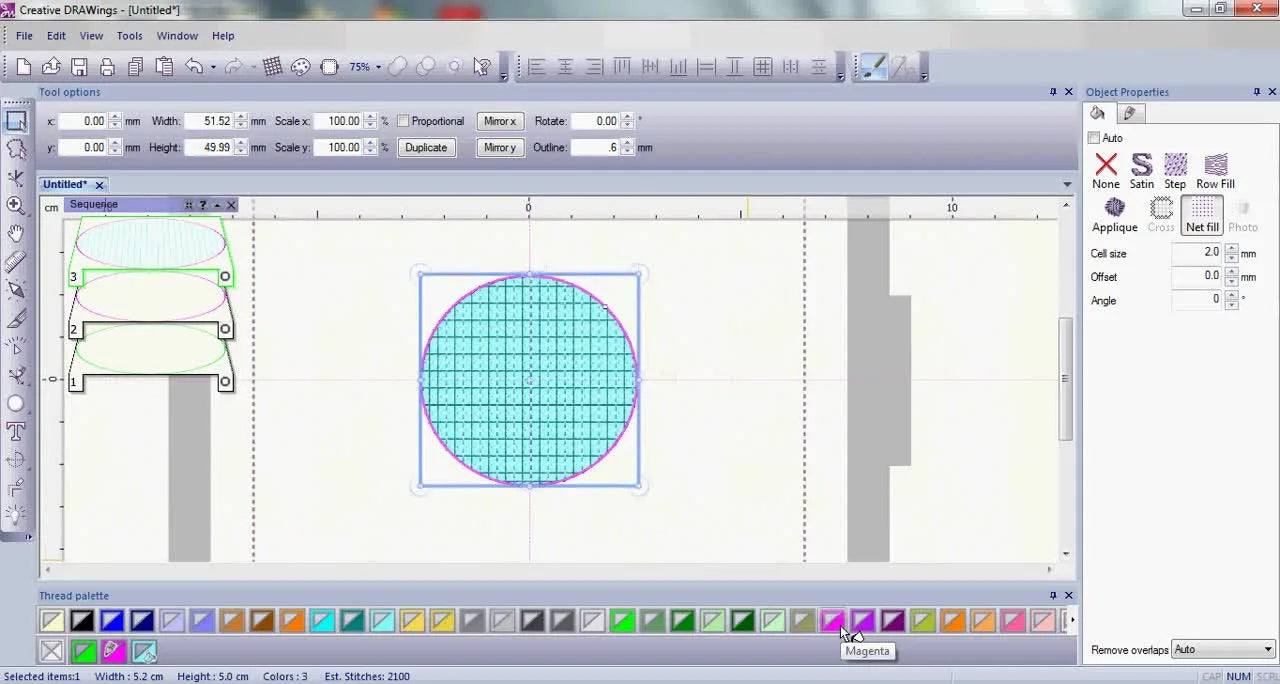 A circle in Creative DRAWings filled with a magenta net grid, showing the net fill layer that will stitch over water-soluble stabilizer.