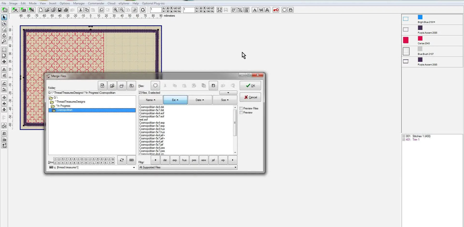The Embird Editor view shows a cocktail-glass design positioned inside a mug rug layout with the satin border planned as the final finishing step.
