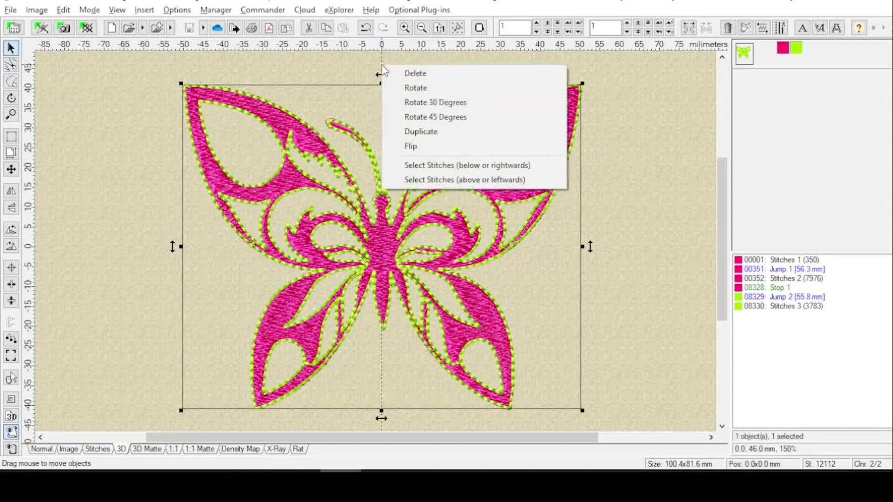 Embird Editor’s guideline context menu highlights “Select Stitches (Below or rightwards),” the key move for splitting a design cleanly down the center.