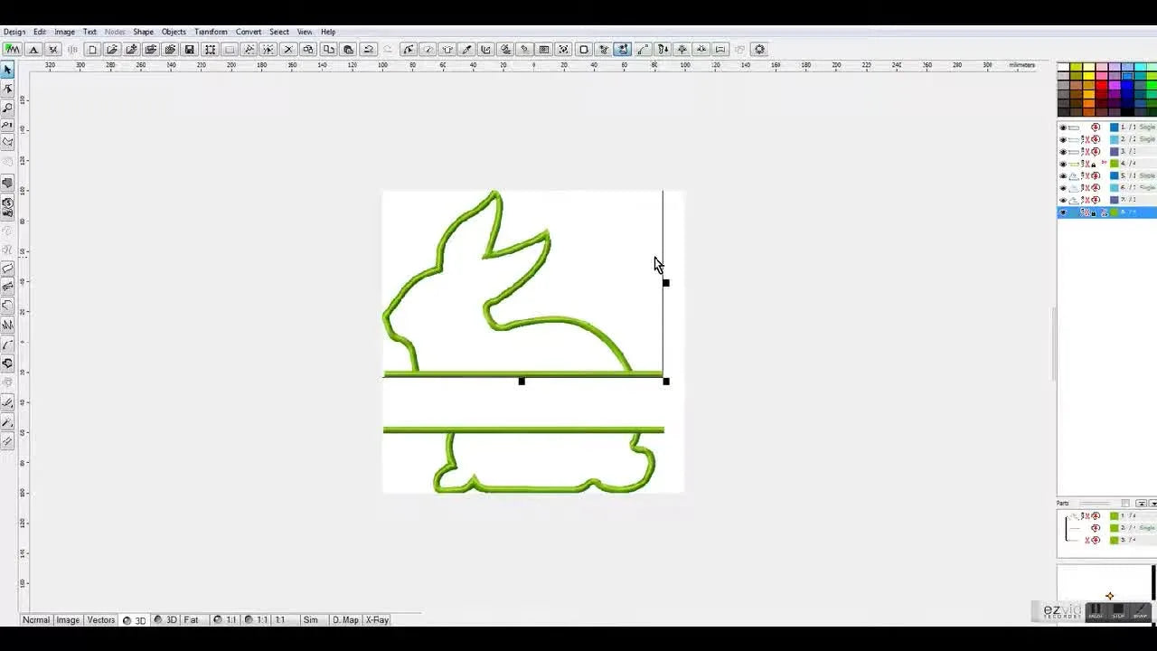 A full-screen view of the completed split-frame bunny appliqué design with green satin borders, ready to fit an 8x8 hoop.