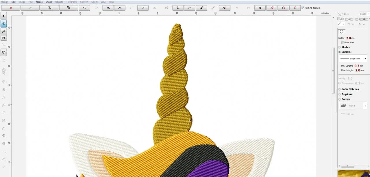 A close-up screen capture shows the cursor placing an outline node slightly inside the horn’s yellow fill area for a gap-free running-stitch border.