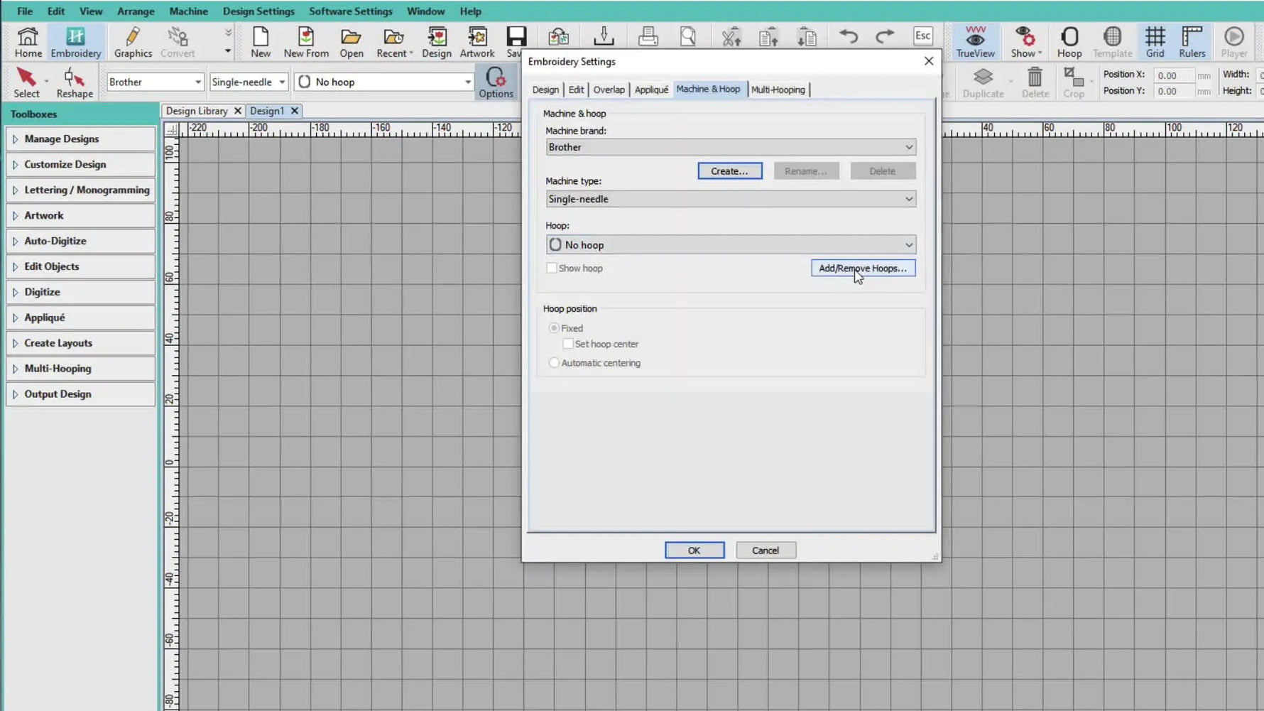 The Hatch “Add/Remove Hoops” dialog with two columns, used to hide hoops you don’t own and keep your active hoop list clean.