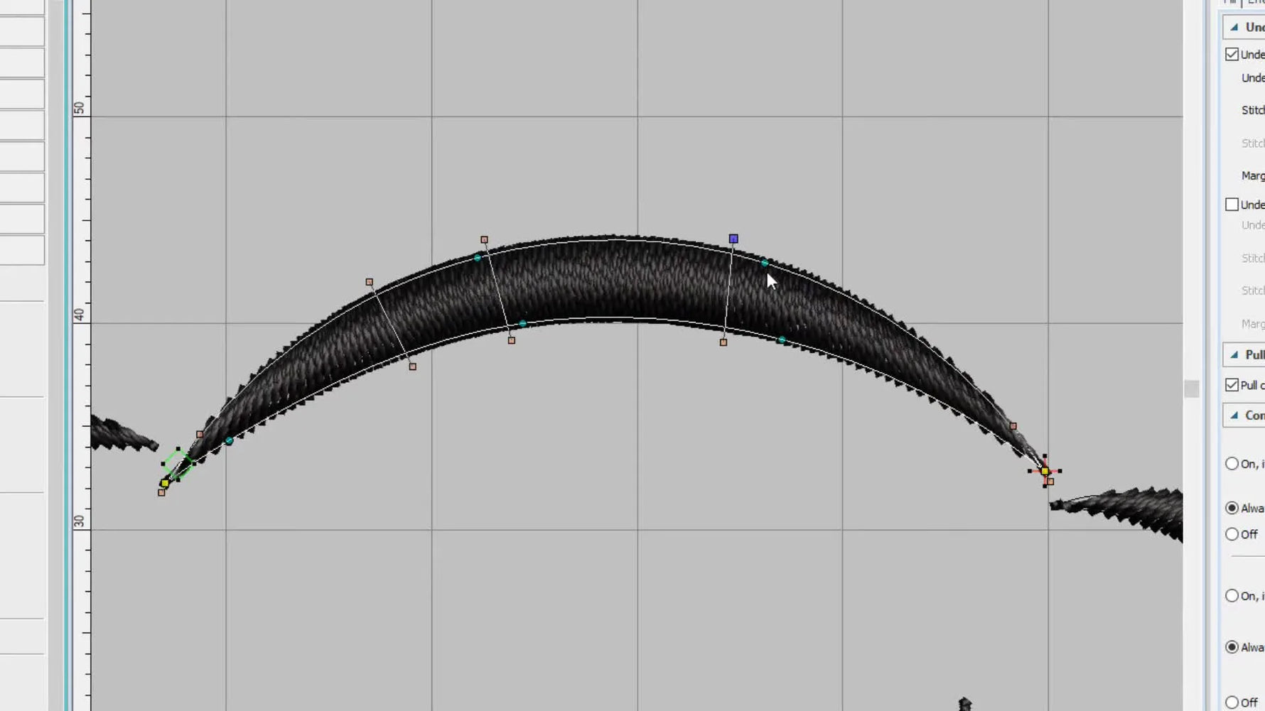 A close-up screen capture shows the stitch angle line being dragged to rotate satin direction using the orange square grip in Hatch.