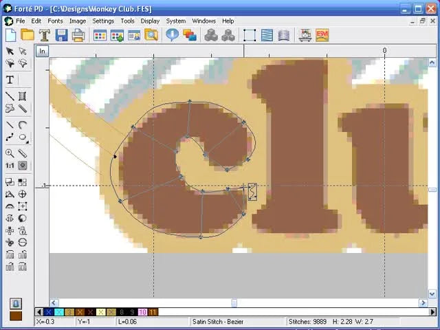 A close-up screen capture of a manually digitized satin letter “c” in Forte PD showing point placement for a smooth column stitch.