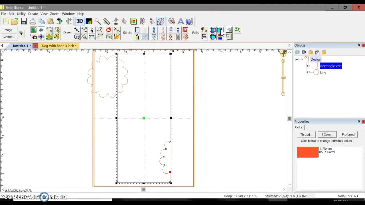 A screen capture of the finished bookmark outline with two bite-mark cutouts removed from the side, ready to be converted into satin appliqué.