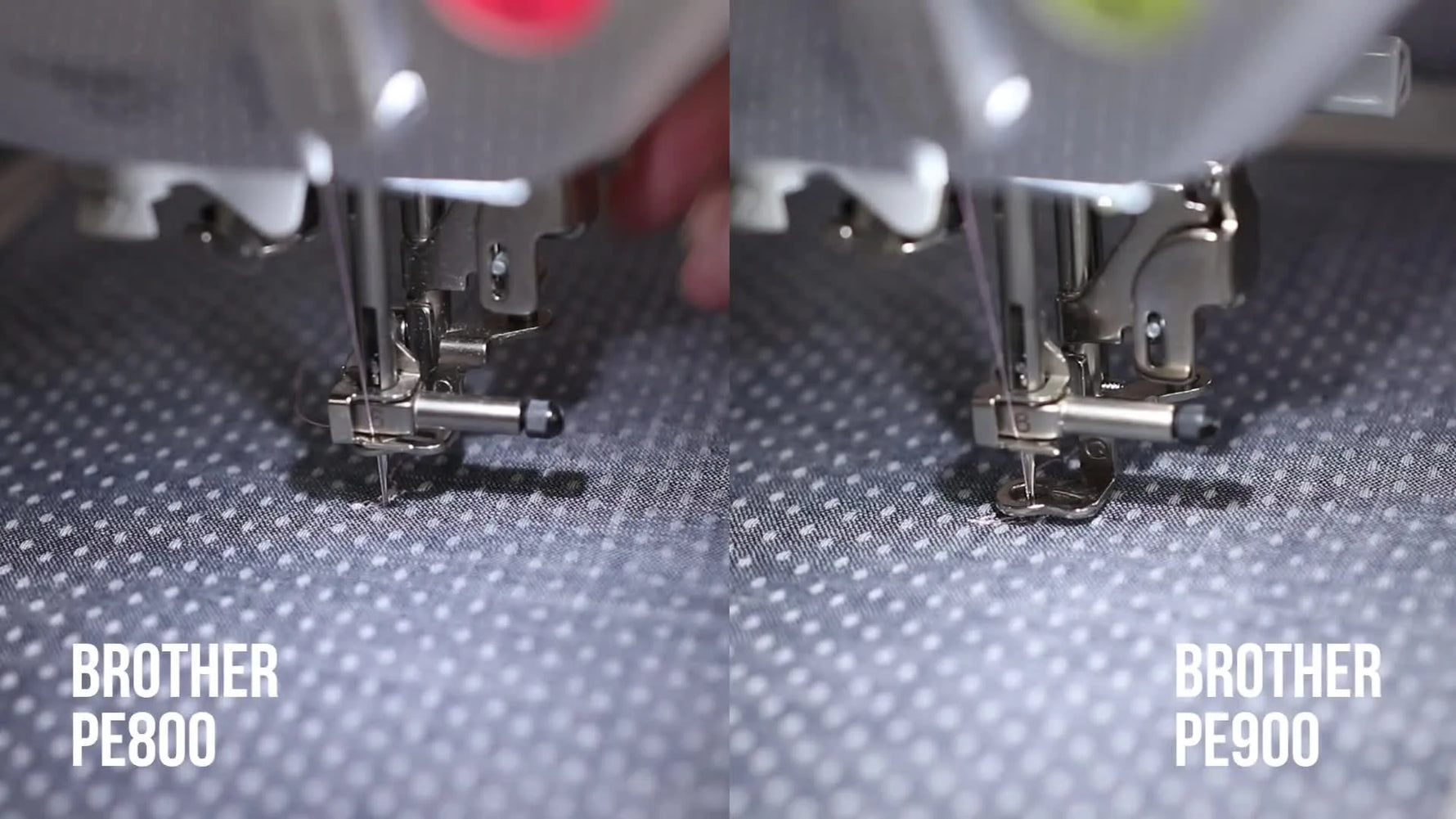 A split-screen close-up shows the Brother PE800 and Brother PE900 stitching the same design at the same time on identical fabric.