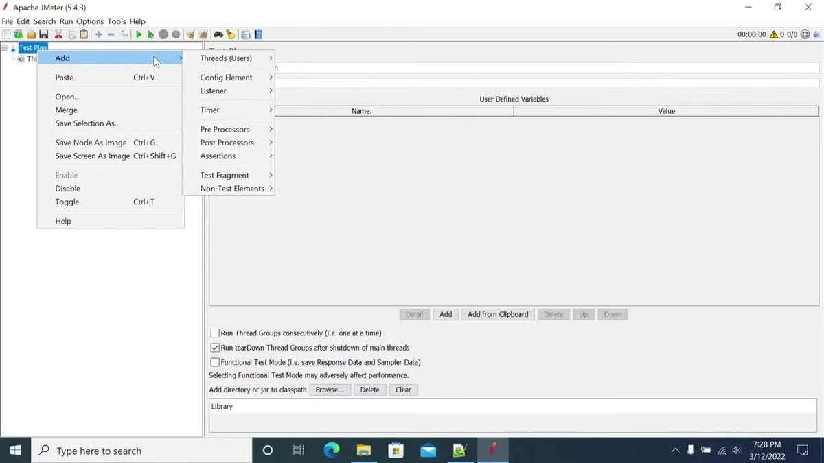 Selecting jp@gc - Ultimate Thread Group from JMeter menu