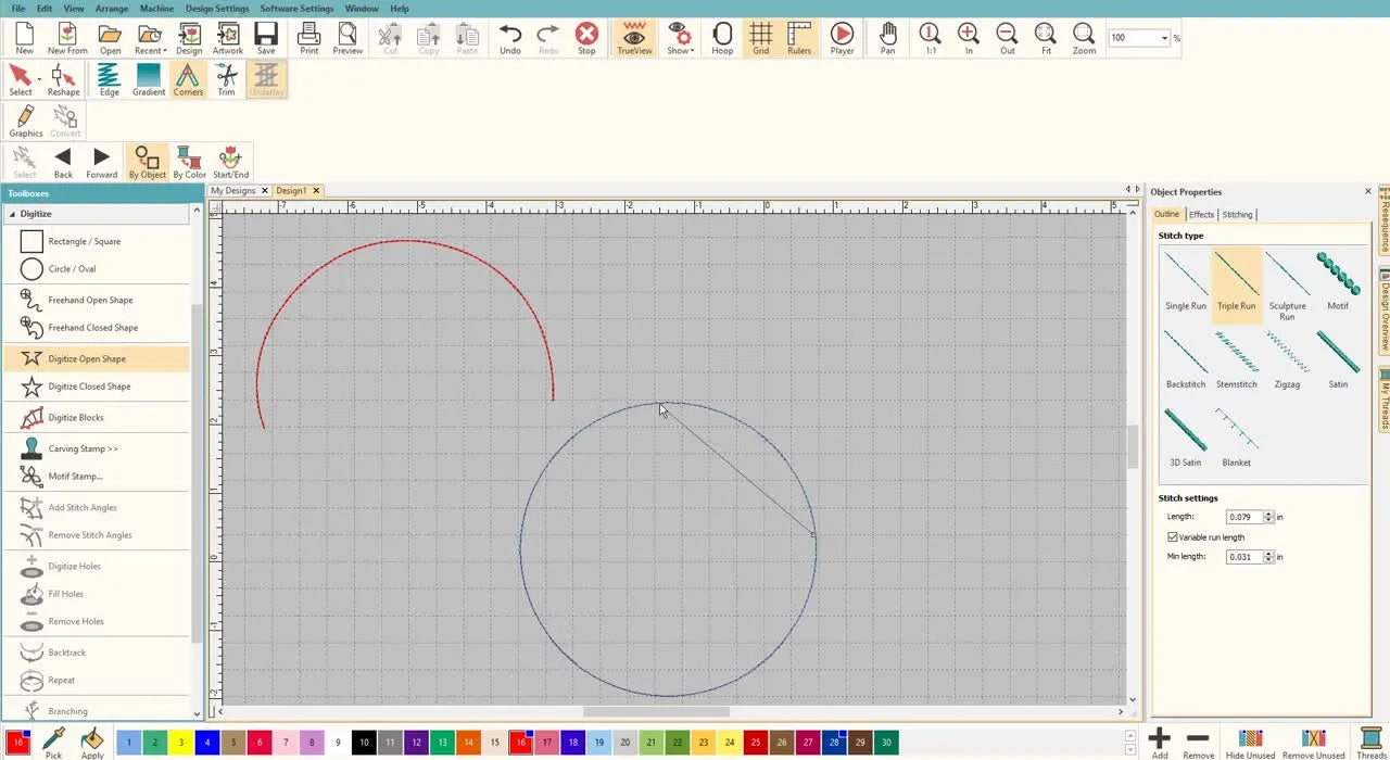 A screen capture in Hatch showing the middle curve point being placed with a right click, previewing a smooth red arc.