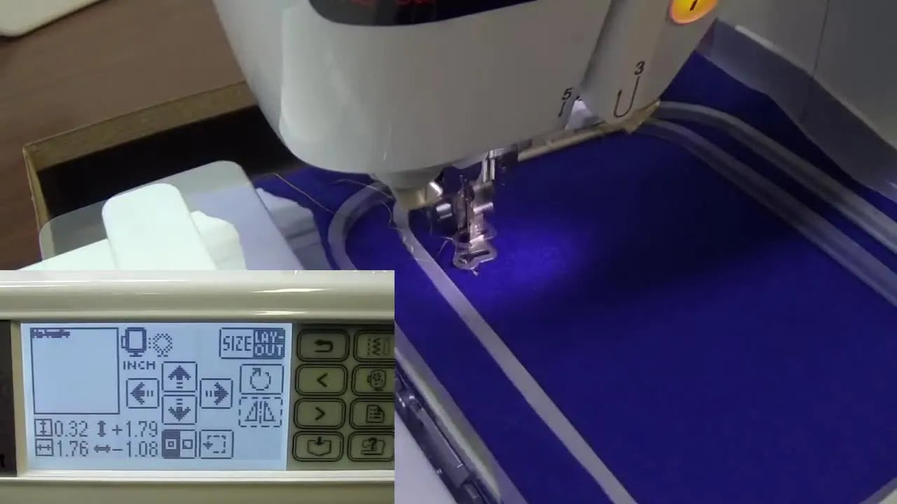 A close-up of the Brother SE-400 actively stitching yellow thread into blue felt inside the 4x4 hoop.