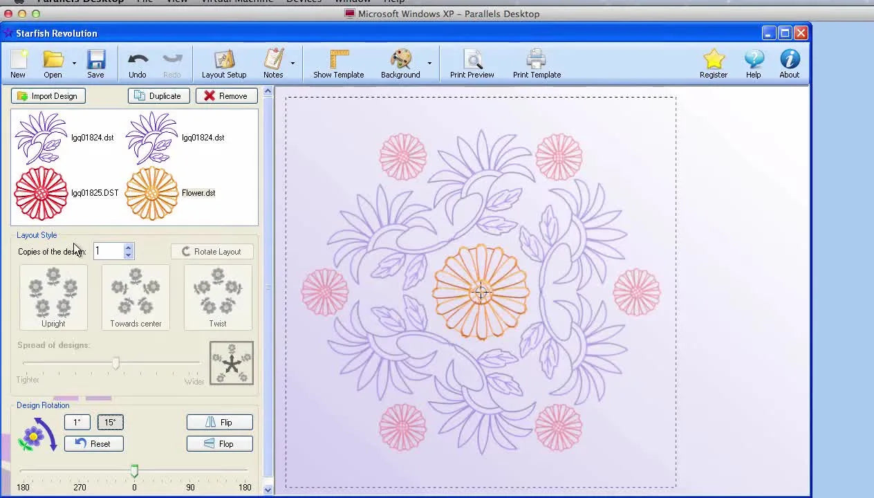 A circular wreath layout on-screen with a large center flower placed precisely in the middle, ready for printing as alignment templates.