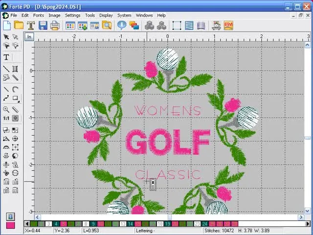 A Forte PD screen view showing the wreath design with “WOMENS” in pink and “GOLF” centered beneath it as the logo stack takes shape.