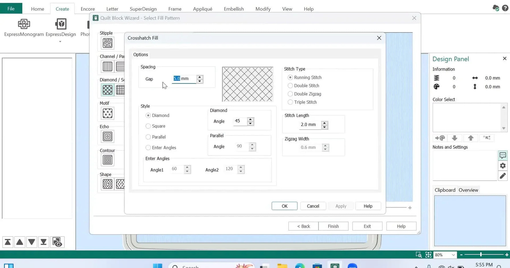 A close-up screen capture in mySewnet showing the Gap set to 1.5 mm for a dense diamond crosshatch knockdown stitch.