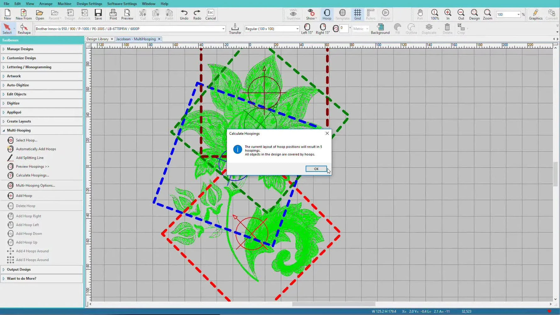 A Hatch Embroidery screen capture shows a large floral design overlaid with multiple colored hoop rectangles that represent the calculated multi-hooping positions.