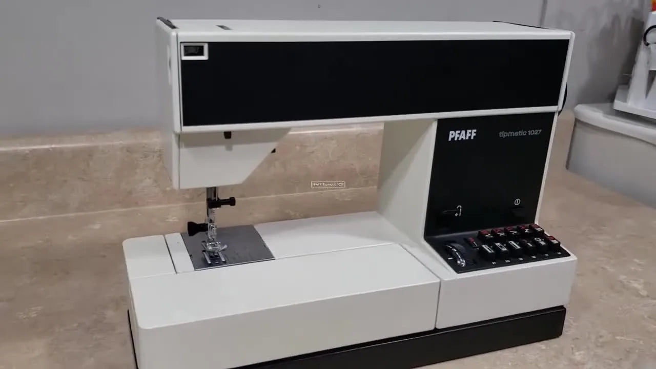 A PFAFF Tipmatic 1027 sewing machine on a countertop with title card overlay.