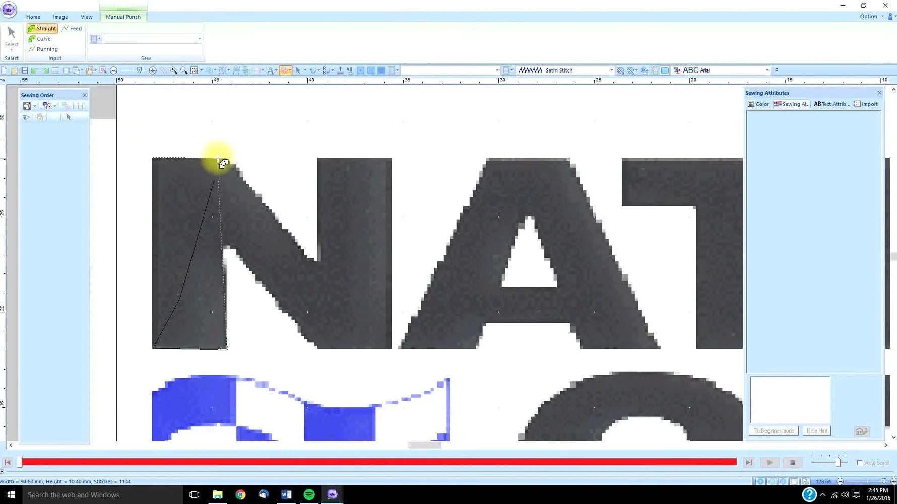 A close-up screen capture of manual punch nodes forming the diagonal leg of a block letter “N” in digitizing software.