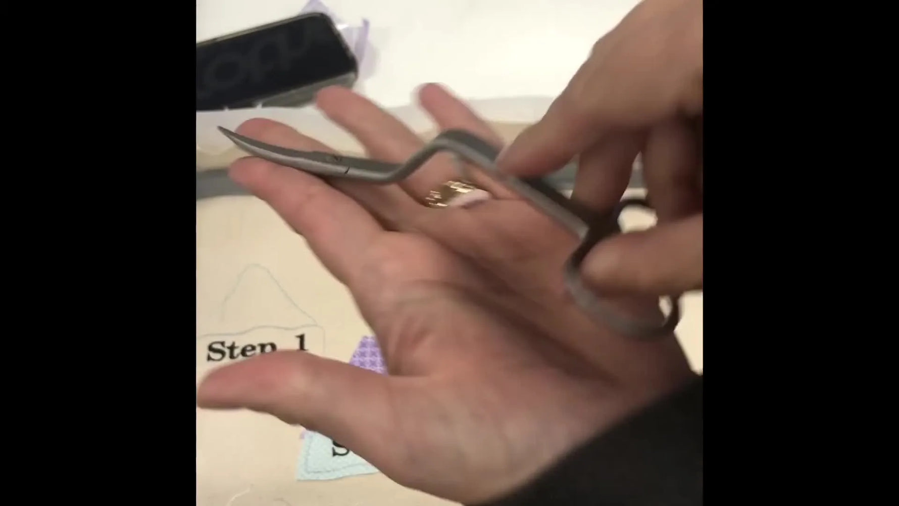 A close-up shows double-curved appliqué scissors held ready for precise trimming before the final satin stitch.