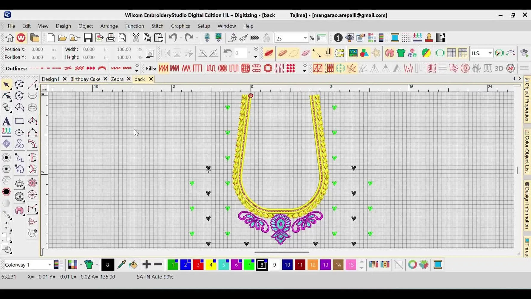 Wilcom EmbroideryStudio interface displaying a colorful blouse neckline design ready for analysis and production planning.