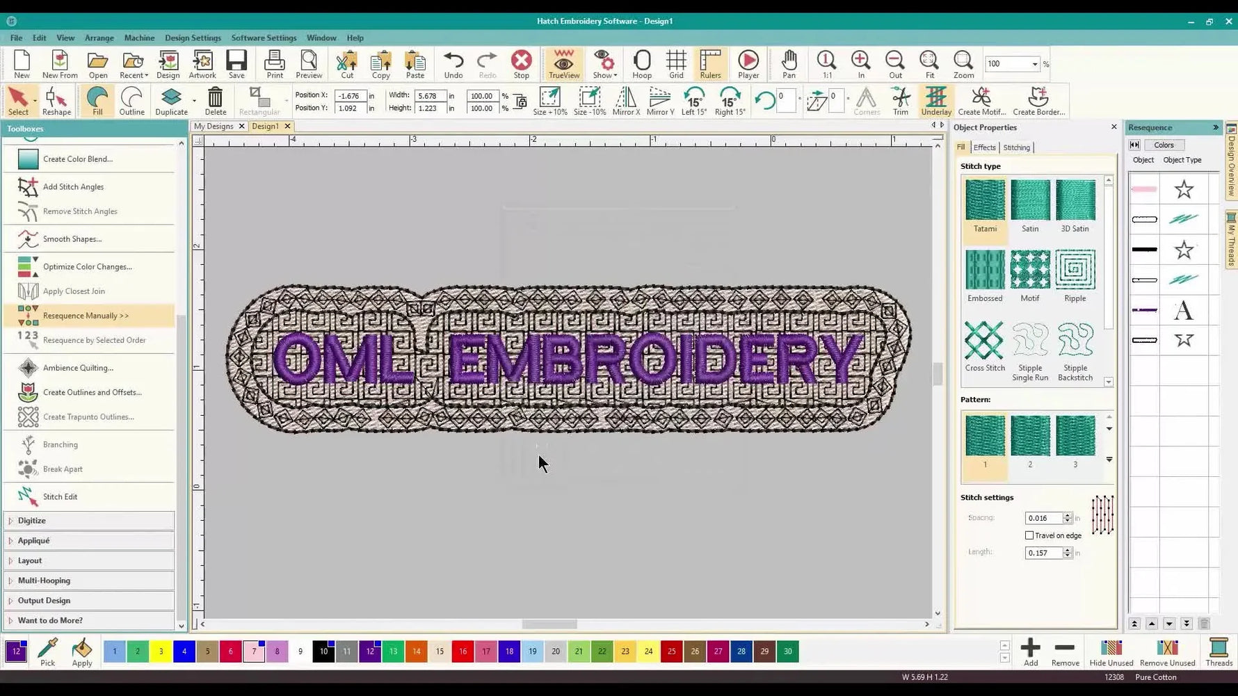 The finished Wilcom Hatch lettering design is shown with multiple offset layers styled as motif fills, textured rings, and a bold outer background.