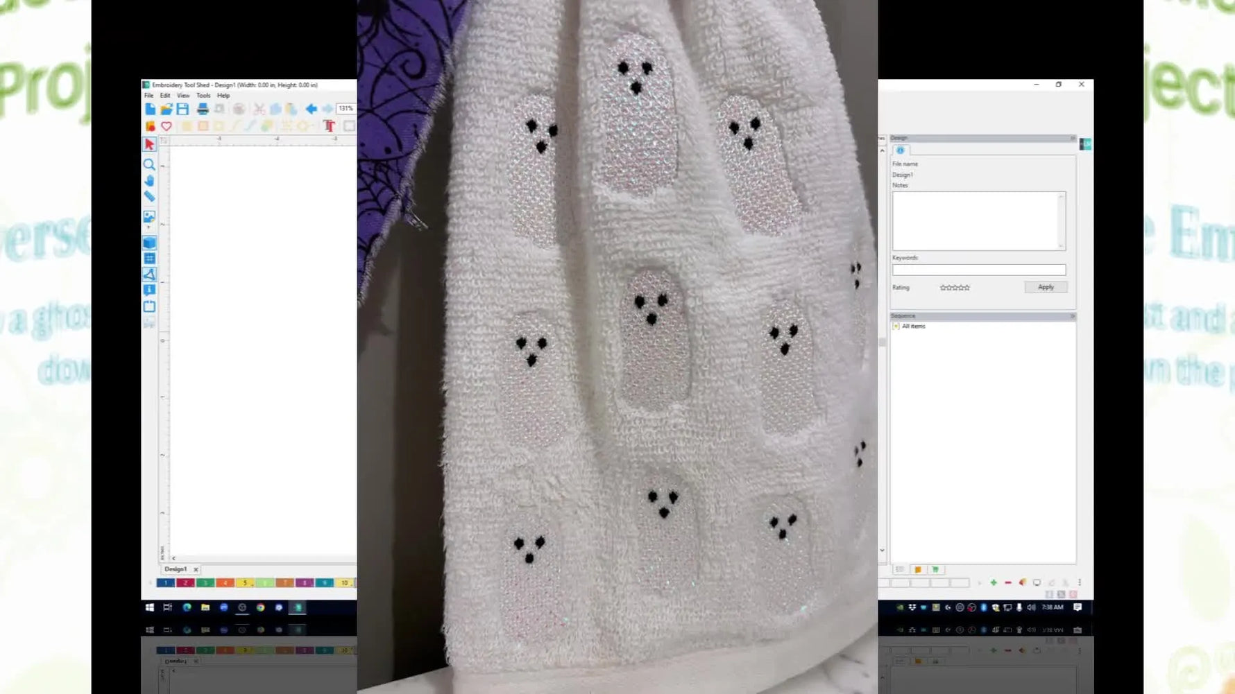 A close-up of a finished hand towel showing reverse-embossed ghost shapes that flatten the terry pile while the surrounding towel stays fluffy.