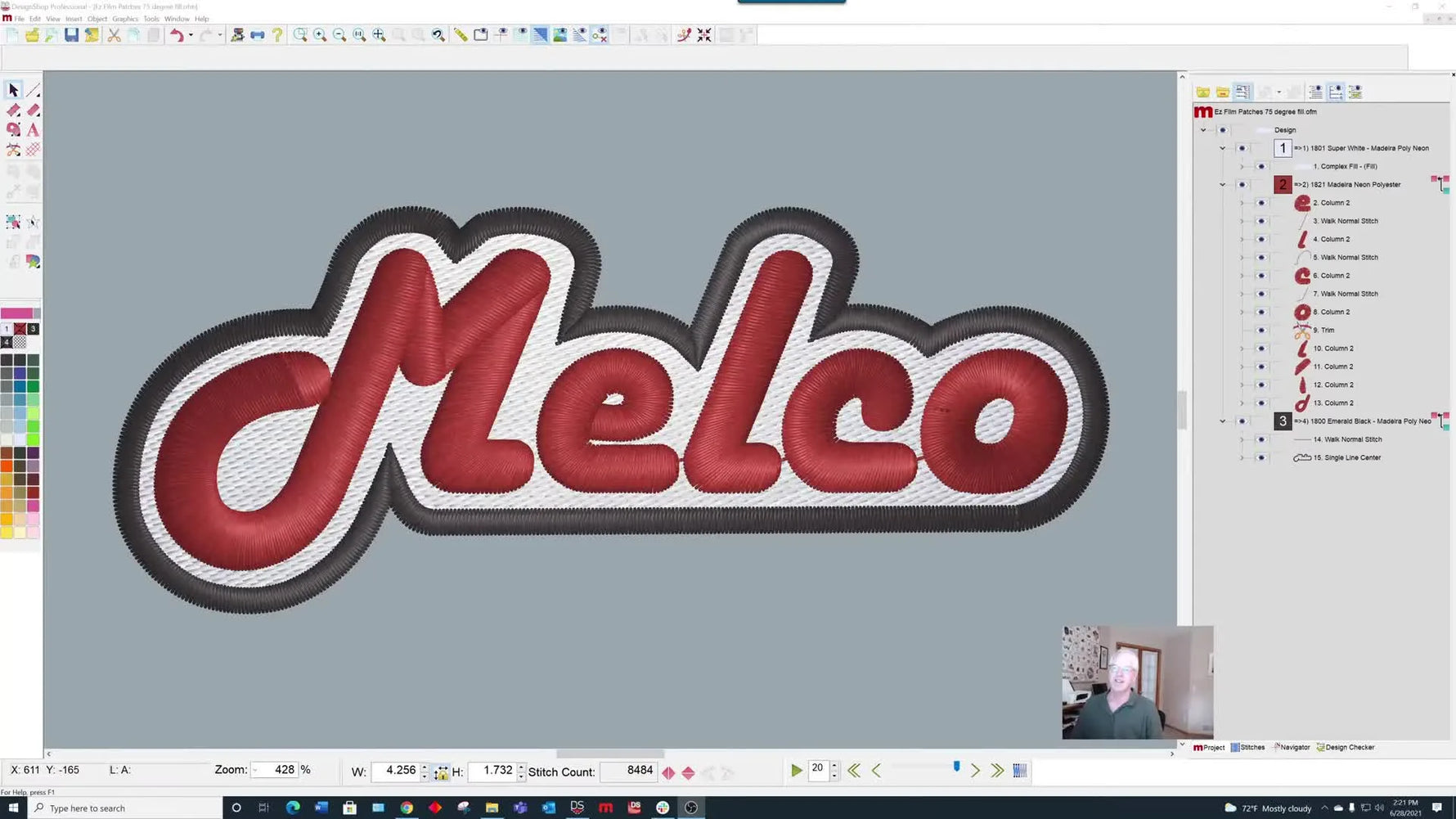 A 3D preview of the finished Melco logo patch design in DesignShop, showing red lettering over a white background with a clean outer border.