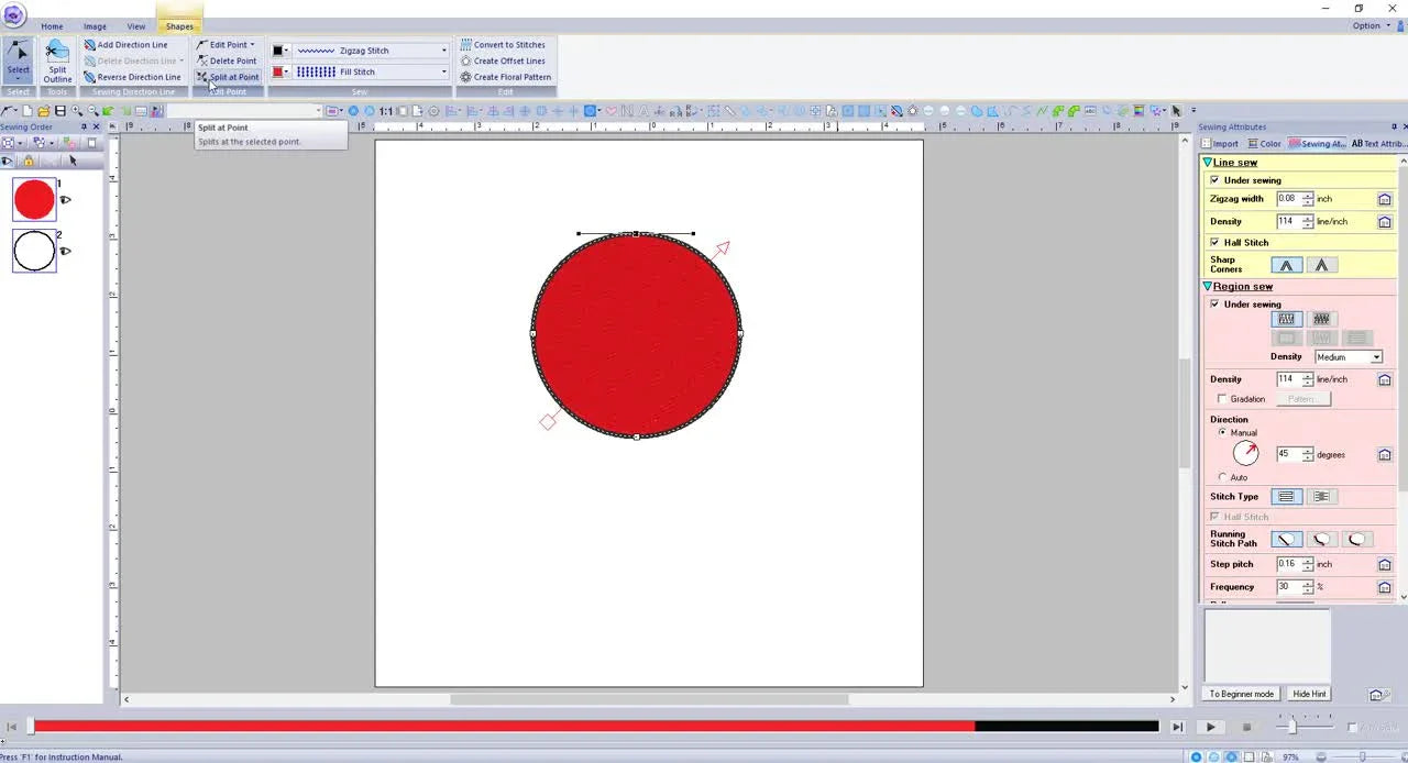 A close-up screen capture of the PE Design 10 knife icon labeled Split at Point in the Shapes tab.
