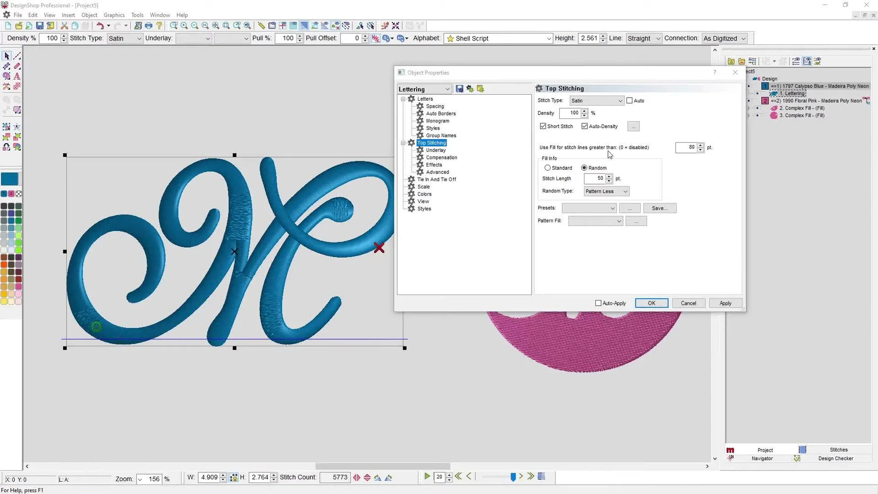 DesignShop 11’s Top Stitching panel showing the “Use fill for stitch lines greater than” threshold that auto-splits long satin into a safer fill texture.