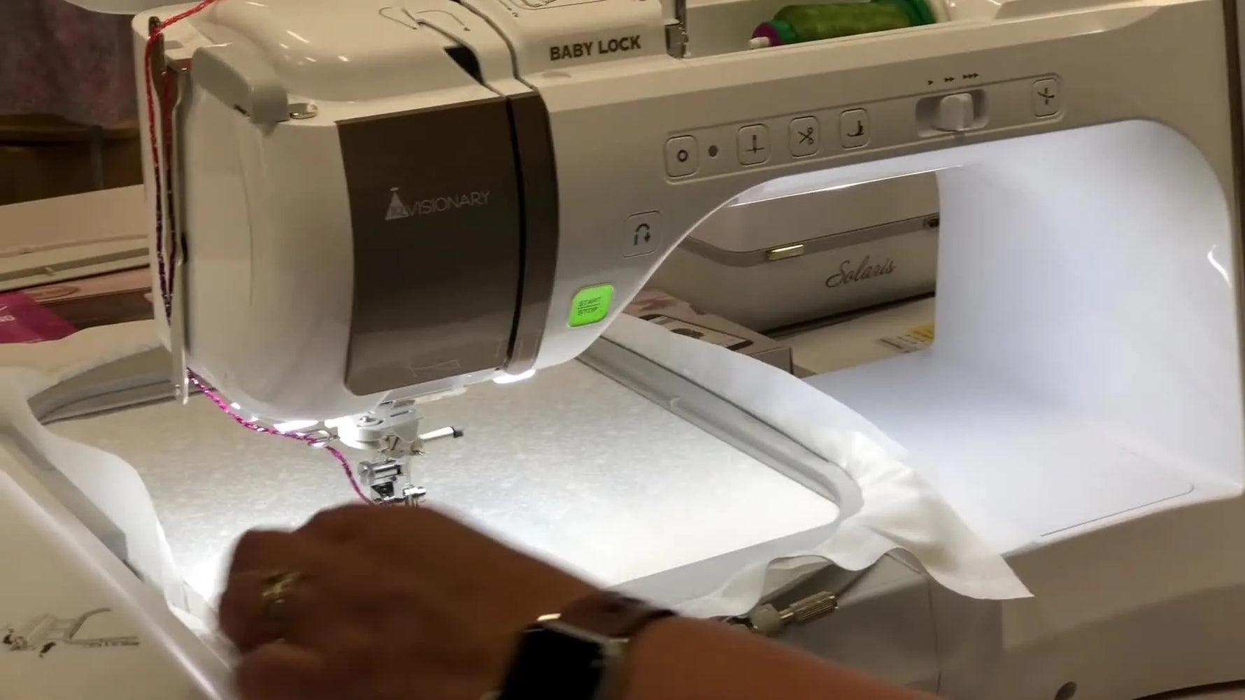 The Baby Lock Solaris stitches a couching design while laying medium-thick yarn smoothly under the needle.