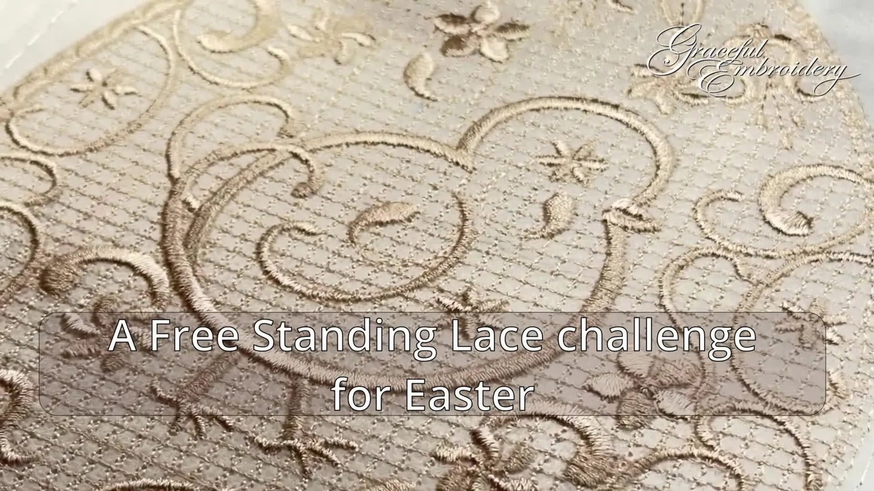 A close-up of the finished Easter Egg freestanding lace with a chick in pale beige thread, showing crisp lace detail and stable edges.