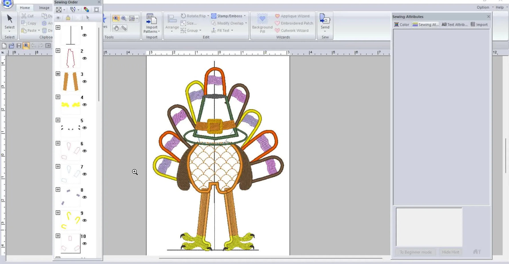 A full software workspace view shows the Thanksgiving turkey side-seam design oriented for stitching along a T-shirt or sweatshirt seam.