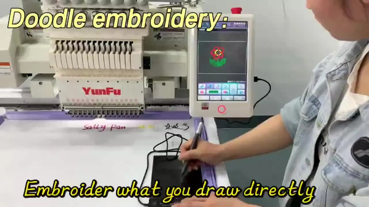 Embroidery machine with a large hoop and a box on the fabric.