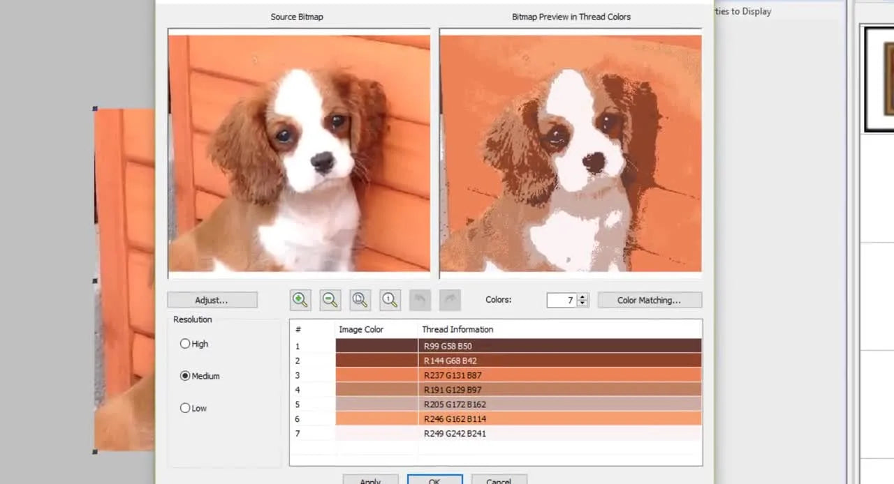 The Hatch 2.0 Color PhotoStitch dialog compares the original puppy photo to the thread-color preview while settings are adjusted for resolution and color count.