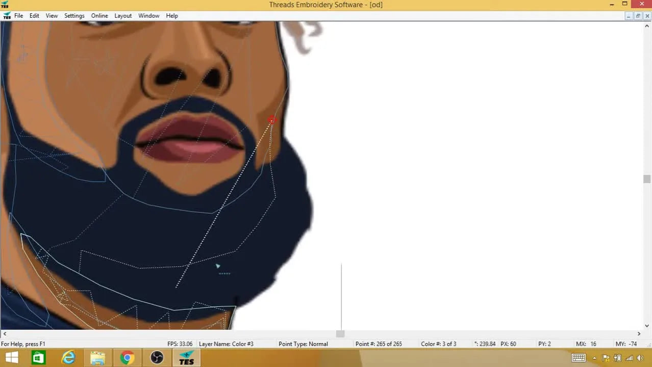 A TES screen capture of a bearded portrait with the digitizing path highlighted to demonstrate production digitizing and hidden travel stitches.