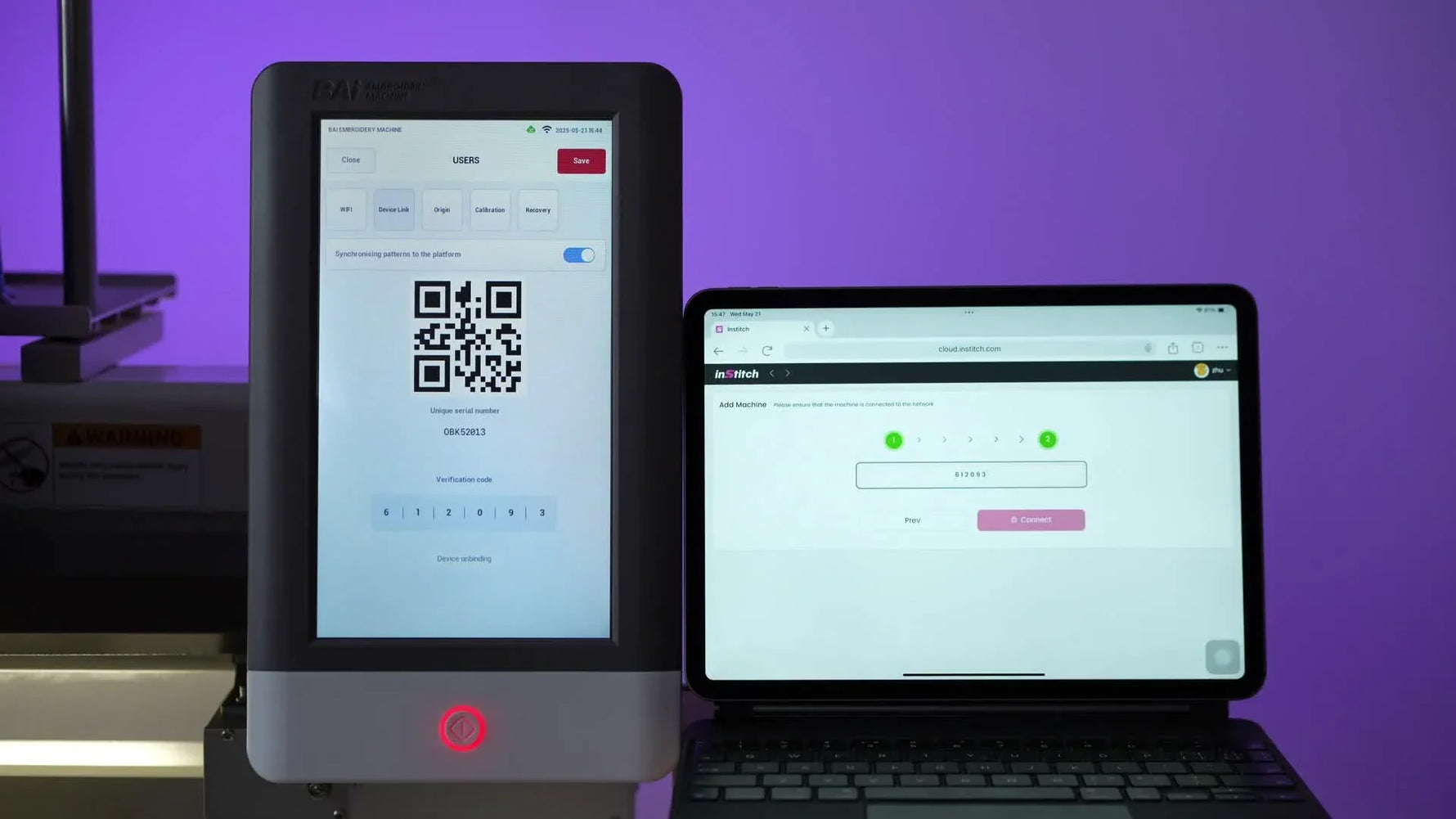 A split-screen view shows the BAI machine’s Device Link QR code on one side and a “Connection Successful” message on the tablet on the other.