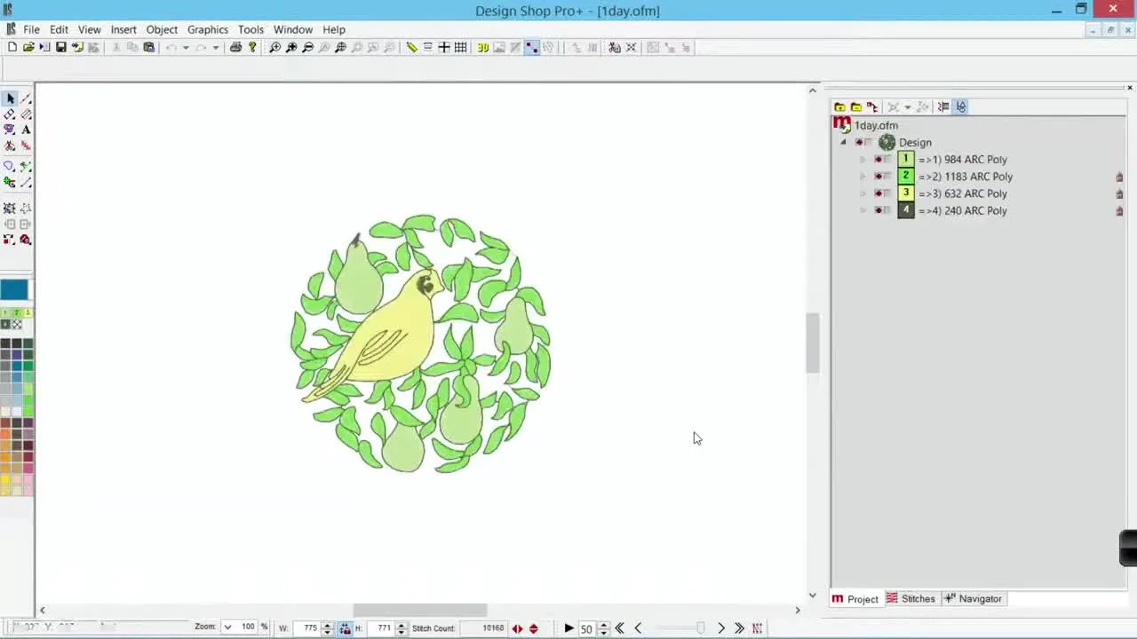 The Design Shop workspace shows the “one day” bird design loaded and ready for file management, viewing tools, and sew-order checks.