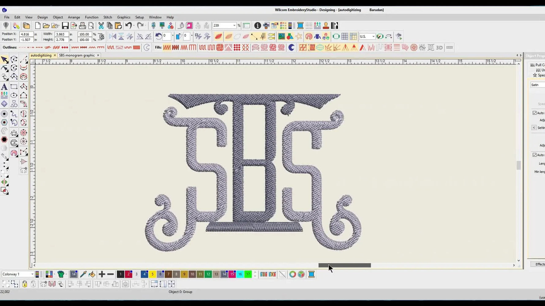 A clean, professionally hand-digitized SBS design in gold and black displayed inside Wilcom E4, showing crisp layering and a polished 3D look.
