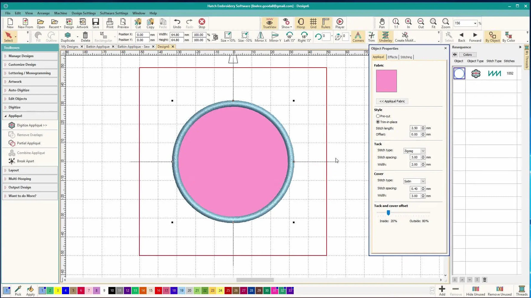 A Wilcom Hatch screen capture showing the appliqué area filled in pink so the patch boundary is easy to see before sequencing details.