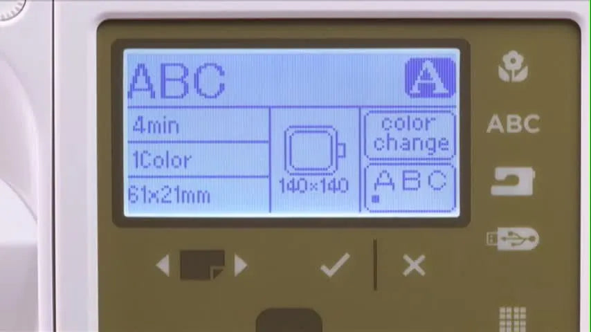 The Singer Studio “Ready to Sew” screen showing embroidery time, color count, and the required 140x140 hoop size before stitching lettering.