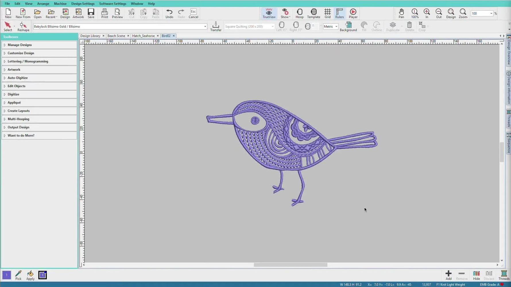 A screen capture of the Hatch Embroidery 2 interface showing a bird design in the main workspace.