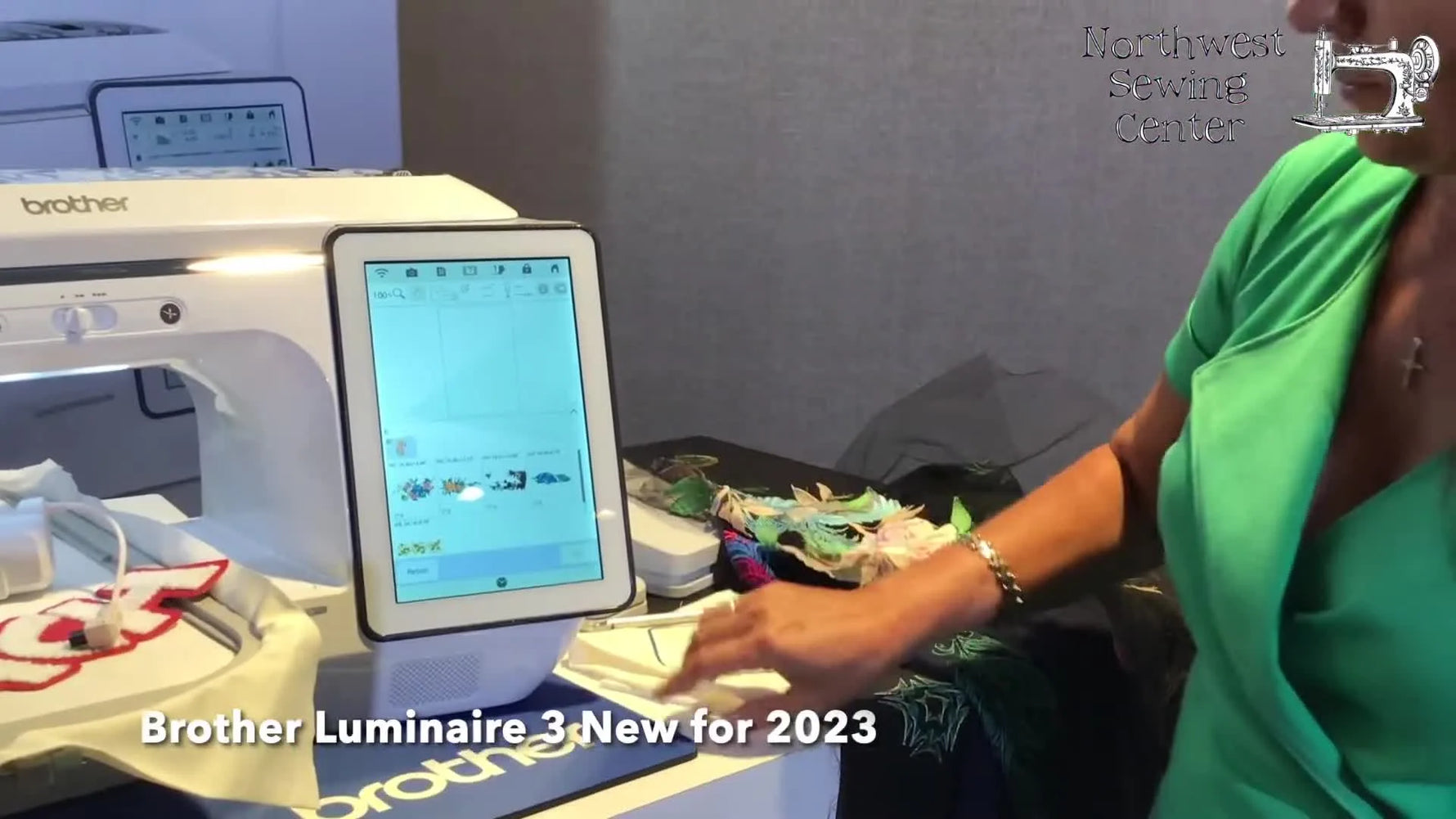 The Brother Luminaire 3 XP3 screen shows a split large-design menu where the machine guides multi-hoop alignment for a sleeve-sized embroidery.